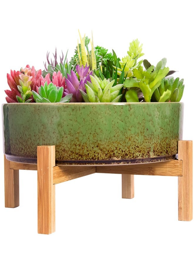 ARTKETTY Succulent Planters - 11 Inch Large Succulent Pots with Drainage, Ceramic Bonsai Pots with Bamboo Stand Shallow Planters for Indoor/Outdoor Plants Modern Cactus Flower Planter Bowl (Green) - Image 2